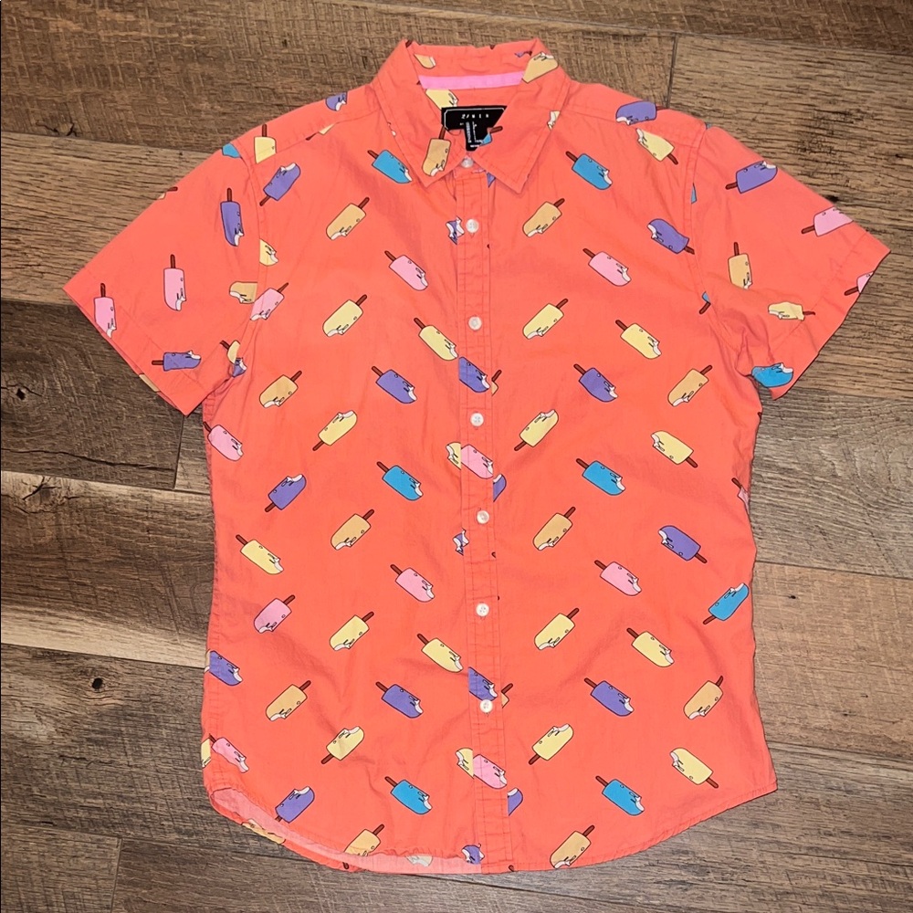 Salmon Button Up Shirt with Multicolor Ice Cream Pattern.